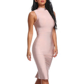 Fashion Turtleneck Sleeveless Bandage Midi Dress - Sheseelady